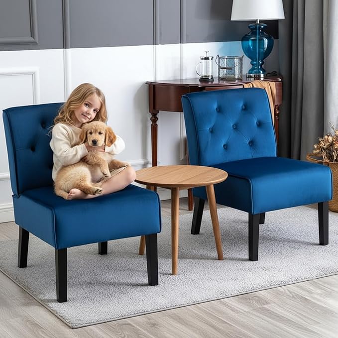 Reeso 2-Piece Living Room Armless Button Tufted Pattern Accent Chair Dark Blue