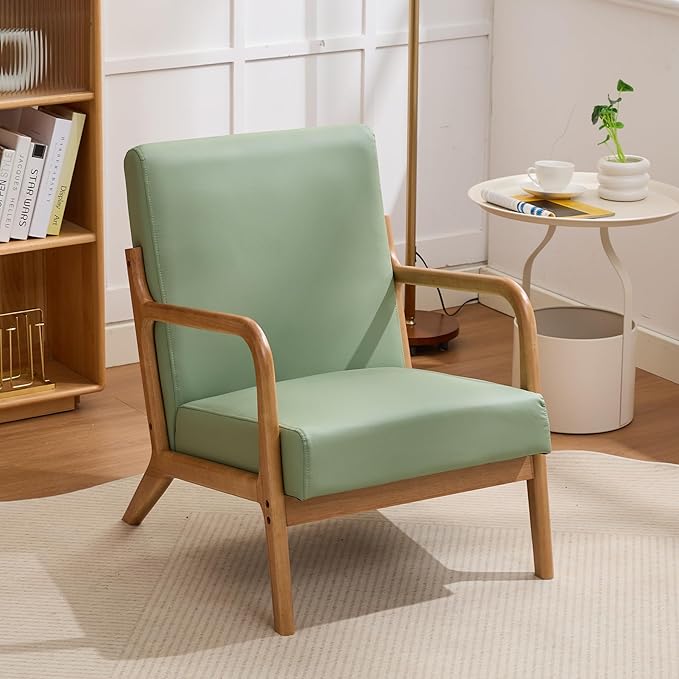 Mid Century Modern Accent Chair Arm Chair Living Room Chairs with Lumbar Pillow Upholstered Reading Chair with Solid Wood Frame &amp Cat-Scratch Leather for Living Room Bedroom
