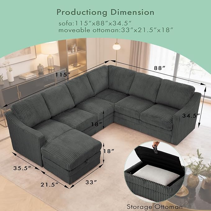 115 Corduroy Sectional Sofa with Storage Ottoman Modern 7 Seats Corner Couch with Deep Seat Comfy Modular U Shaped Couch with Comfortable Cushions for Living Room Grey