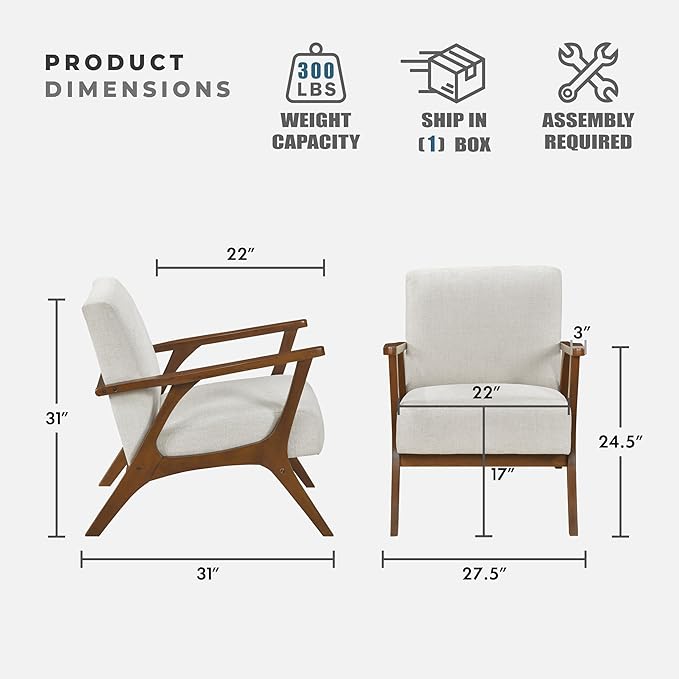 Lexicon Mid-Century Modern Accent Chair Woven Chenille Fabric Lounge Chair Chestnut Solid Wood Frame Wide Arm Rest and Cushioned Comfort for Living Room/Office/Bedroom/Reading Nook Beige