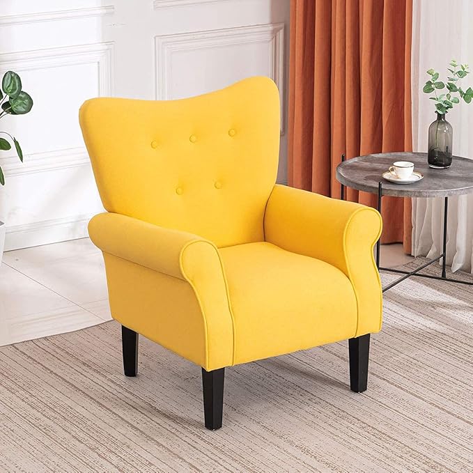 YOLENY Modern Accent ChairHigh Back ArmchairUpholstered Fabric Button Single Sofa with Wooden Legs for Living RoomBedroomClubYellow