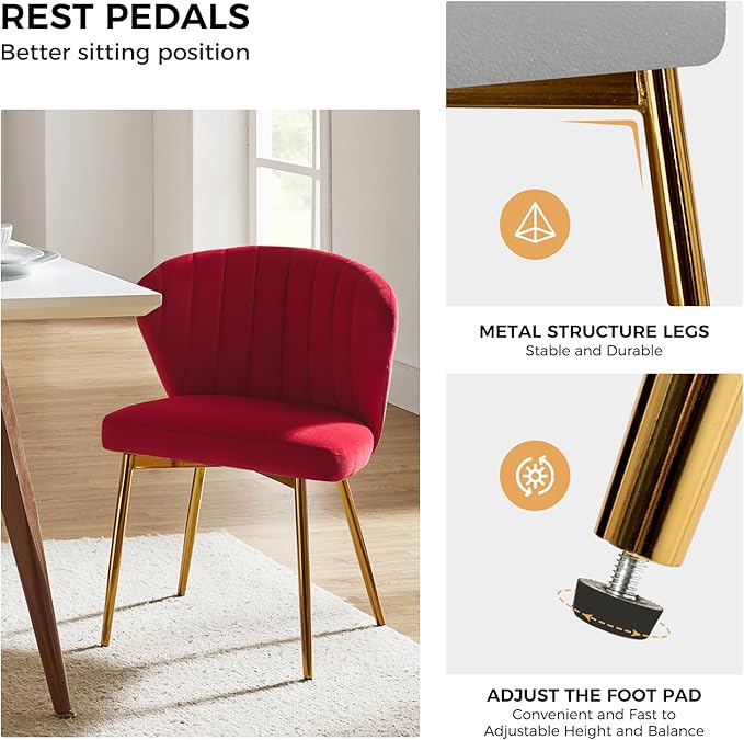 HULALA HOME Dining Chairs Set of 2 Velvet Upholstered Kitchen &amp Dining Room Chairs with Metal Legs Vanity Chair Armless Side Chairs for Living Room Bedroom Restaurant Channel Curved Backrest Red