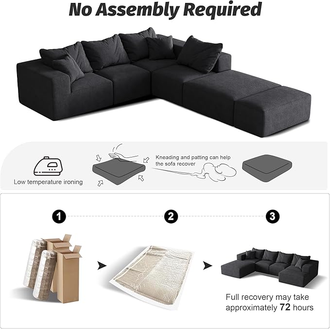 Modular Sectional Couches for Living Room Oversized L Shaped Sleeper Sofa Bed with Ottoman Chenille No Assembly Required (Minimalist Black)