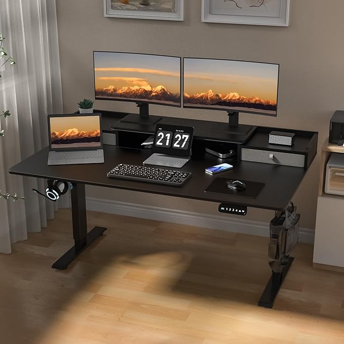 63 x 30 Inch Electric Standing Desk with 2 Drawers Adjustable Height Widened Stand Up Desk with Storage Sit to Stand Ergonomic Workstation for Home Office Classic Black