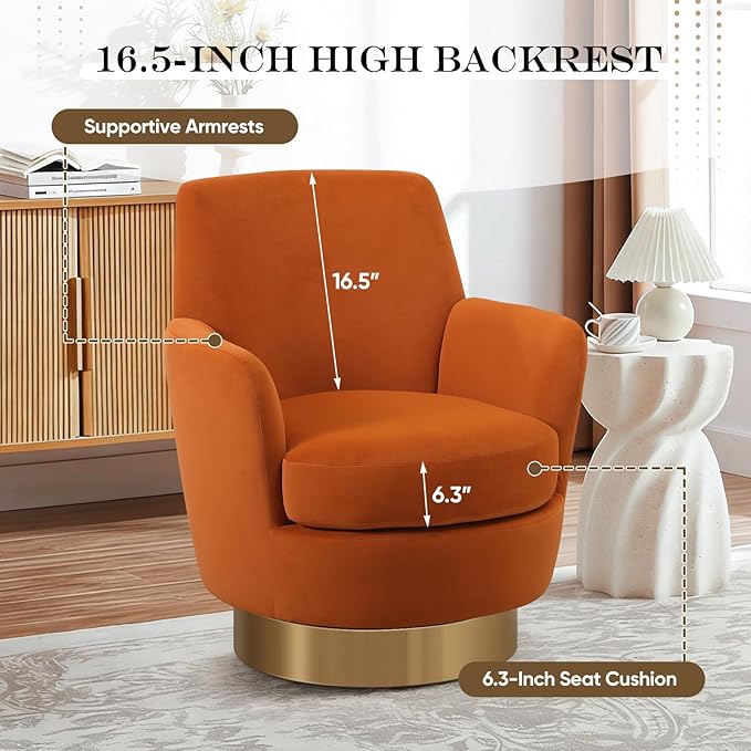 360° Swivel Barrel Chair Set of 2 28.3 Modern Velvet Round Accent Chair Comfy Upholstered Small Armchair with Gold Metal Base for Living Room Bedroom Nursery Office Sillas para Sala Orange