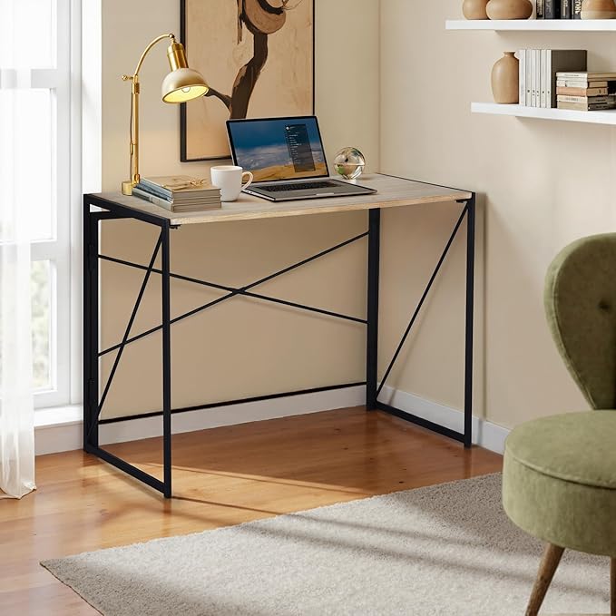FurnitureR 39.4 Minimalist Laptop Desk Simple Computer Writing Desk with Sturdy Metal Frame Modern Foldable Workstation for Home Office Study or Small Spaces Oak