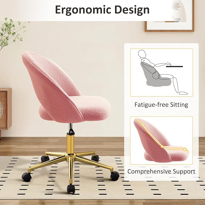 Furniliving Vanity Desk Chair with Wheels Cute Office Chair with Back for Girls Rolling Upholstered Armless Desk Chair with Gold Metal for Living Room Makeup Room Bedroom Pink-Sherpa