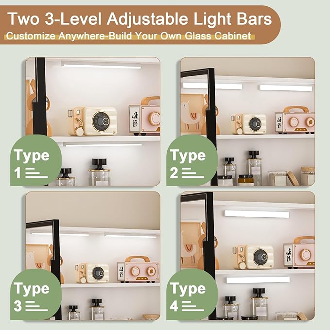 KEIKI L Shaped Home Office Desks with LED Light Glass Storage Cabinets USB Charging Ports Keyboard Tray Drawers Modern Wooden Gaming Computer Corner Table for Work Study Writing