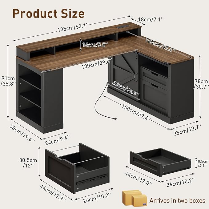 Farmhouse L Shaped Desk with Drawers 53 Inch Executive Desk with File Cabinet and Monitor Stand Wooden Corner Computer Desk with Power Strip for Home Office Work and Study Black and Walnut