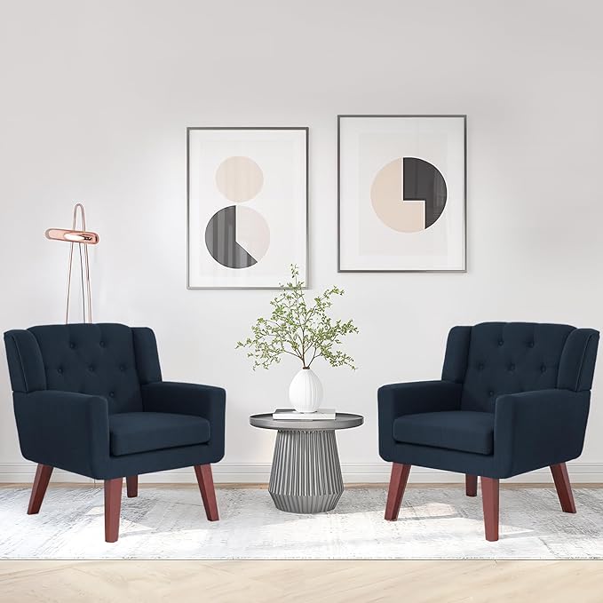 Accent Chairs Set of 2 Button-Tufted Upholstered Living Room Chairs Set of 2 Comfy Reading Chair Mid Century Modern Chairs with Linen Fabric Lounge Arm Chairs for Bedroom (Navy Blue)
