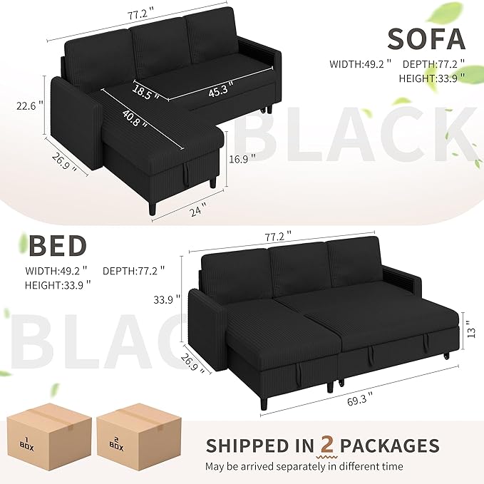 Walsunny Sectional Sofa Couch L Shaped Sleeper Sofa Bed Pull Out Bed with Storage Reversible Sectional Couches for Living Room Apartment Office(Black)