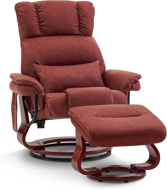 MCombo Swivel Recliners with Ottoman Reclining TV Chairs with Vibration Massage Faux Leather Ergonomic Lounge Chair for Living Room Bedroom 4832 (Burgundy)