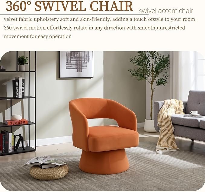 360 Degree Swivel Barrel Chair for Living Room Orange Velvet Accent Armchair with Open Back Modern Comfy Reading Chair for Bedroom Cloud Boho Chairs for Office Club Lobby (Orange)