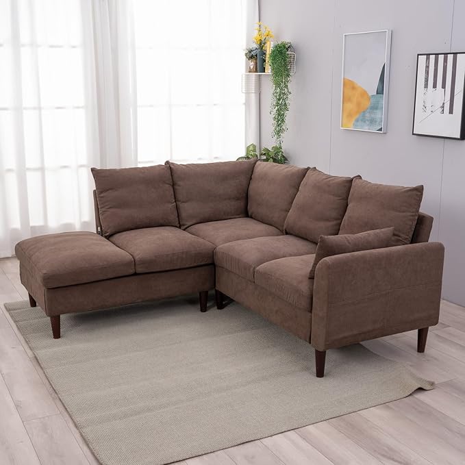 Panana 5 Seater Corner Sofa L Shaped Couch Upholstered Sectional Setee wth Built-in USB Charging Port Chaise (Brown Linen 5 Seater Corner Sofa with Built-in USB Port Chaise)