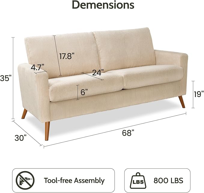 WEUP 68 Loveseat Sofa Beige Corduroy Couch Mid Century Modern Love Seat Couches for Living Room Small Loveseat for Bedroom Office Comfy Sofa with Spring Cushion Solid Wood Tool-Free Assembly