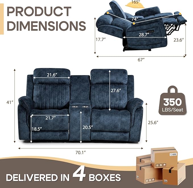 Zero Gravity Power Reclining Loveseat Sofa with Adjustable Headrests Power Loveseat Recliner with Console Electric 2-Seater Recliner Couch with Charging Port for Living Room (Velvet Blue)