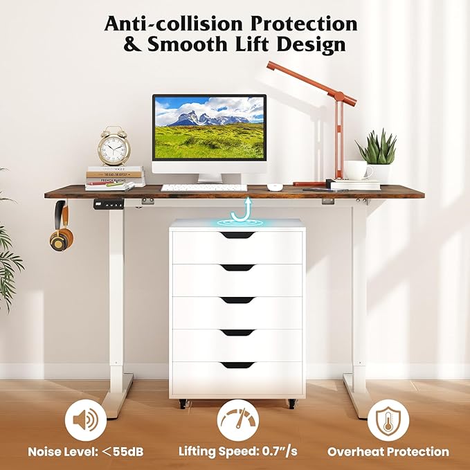 Giantex Electric Standing Desk 48 x 24 Height Adjustable Sit Stand Computer Workstation with 2 Memory Heights Headphone Hook Anti-Collision Design Home Office Computer Desk (Rustic Brown+White)