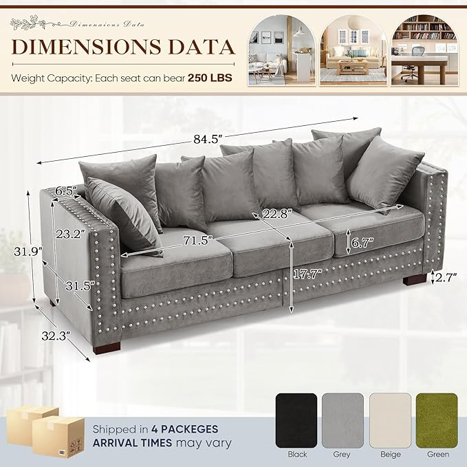 84.5W Mid Century Modern Couch with Storage Upholstered Velvet Sofa Deep Seat Chesterfield Couch with Nailhead Trim &amp Pillows 3-Seat Comfy Sofa for Living Room Bedroom Apartment Office(Grey