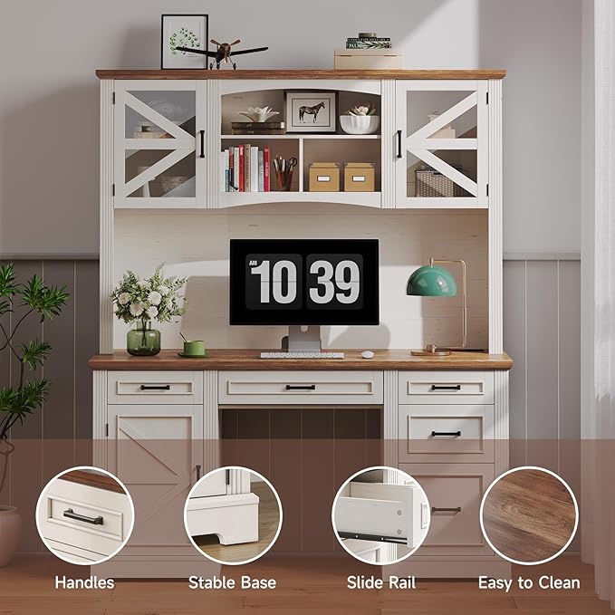 ONBRILL 72 H Farmhouse Executive Desk with Hutch Office Desk Computer Desks with Charging Station Computer Workstations with 5 Drawers and Storage Cabinet for Home Office Off White &amp Walnut