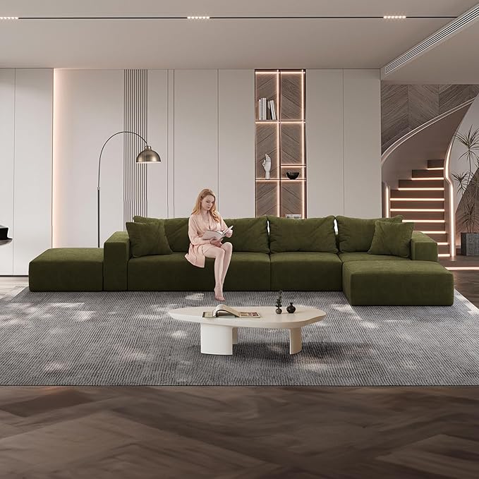 197” Modular L-Shaped Sectional Sofa Cloud Chenille Couch with 6 Pillows No-Assembly Customizable Sofa for Living Room &amp Bedroom Green