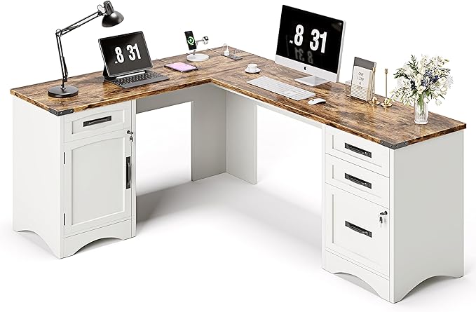 L Shaped Farmhouse Executive Desk with Drawers 67 Home Office Desks with Fast Charging Station Lockable File Cabinet Wood Writing Computer Desk for Work Study White