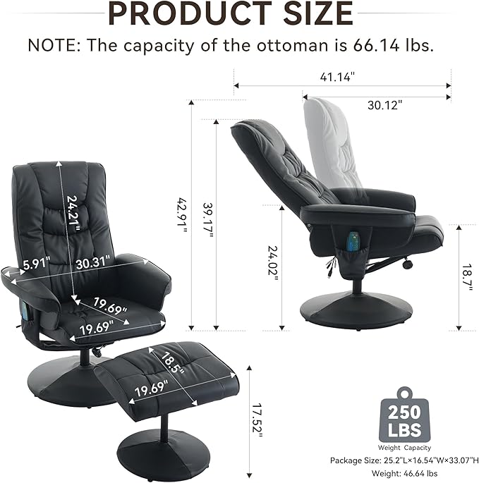 360° Swivel Office Chair with Ottoman Massage Lounge Chair with 5-Point Vibration &amp Heated Seat 140° Adjustable PU Leather Recliner for Living Room Home Theater or Office (Black)