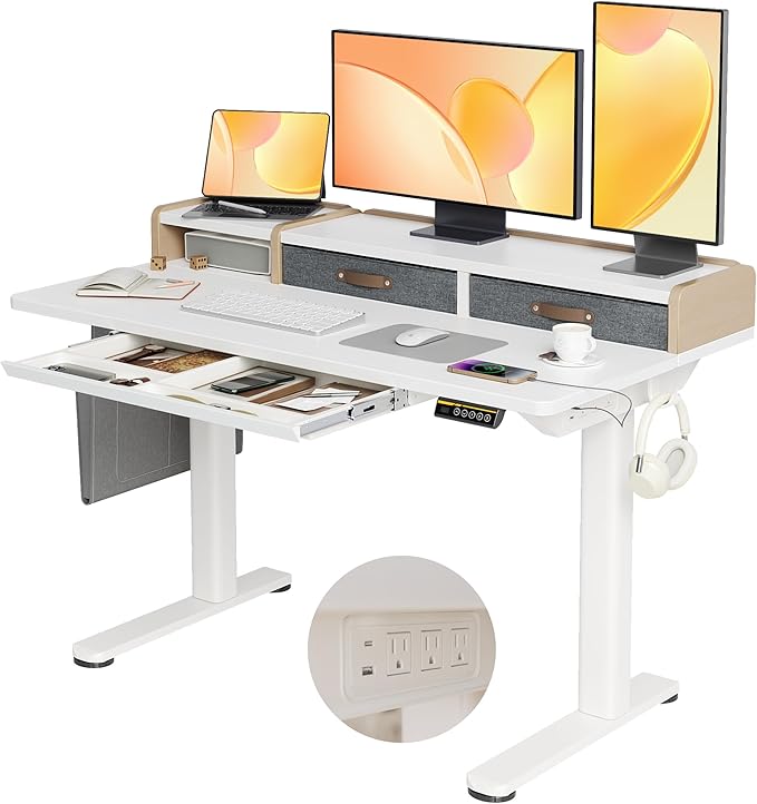 Claiks Standing Desk with Drawers &amp Power Outlet 48 Height Adjustable Computer Desk with USB C Port Sit Stand Home Office Desk with Monitor Stand Storage Shelves &amp Side Bag White