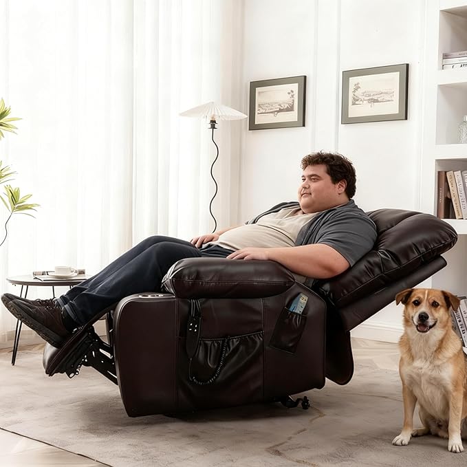 Oversized Power Recliner Chair for Big and Tall 400 LBS 25.5 Extra Wide Electric Lift Chair with Heat and Massage Dual Motor 180° Lay Flat Recliner Living Room Sofa PU Leather Big Recliner