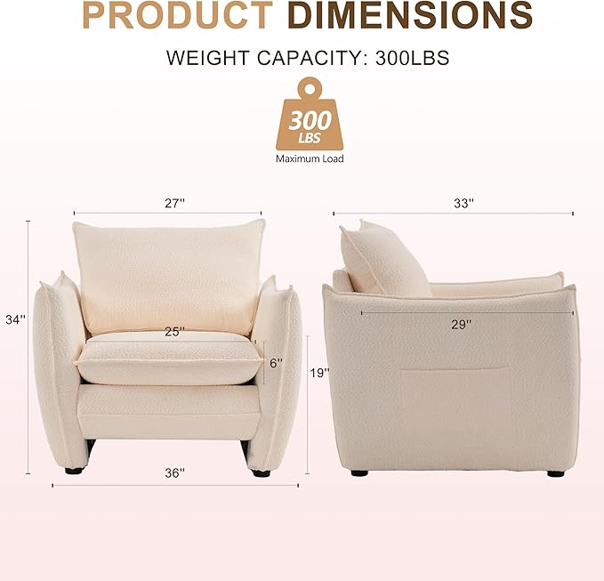 Oversized Accent Chair Modern Single Sofa Cloud Chairs with Removable Pillow Deep Seat Comfy Armchair for Living Room Bedroom Reading Nook - Upholstered Lounge Chair (Beige Set of 2)