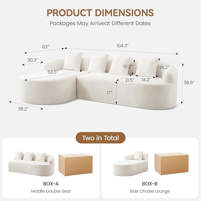 105 Boneless L Shaped Sectional Couch Curved Cloud Deep Seat Sofa with Chaise Lounge Oversized 4 Seater Couches for Living Room No Assembly Chenille Beige