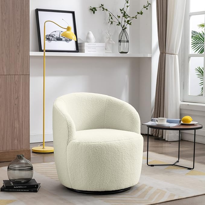 Set of 2 Swivel Barrel Accent Sofa Chair Modern Teddy Fabric Club 360 Degree Swivel Chair Small Leisure Arm Chair for Nursery Living Room Hotel Bedroom Office Lounge Ivory