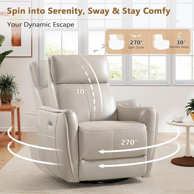 ANJ Power Swivel Rocker Recliner ChairNursery Rocking Chairs with USB &amp Type C PortUpholstered Faux Leather Glider Rocking Chair for Living Room Silver Gray