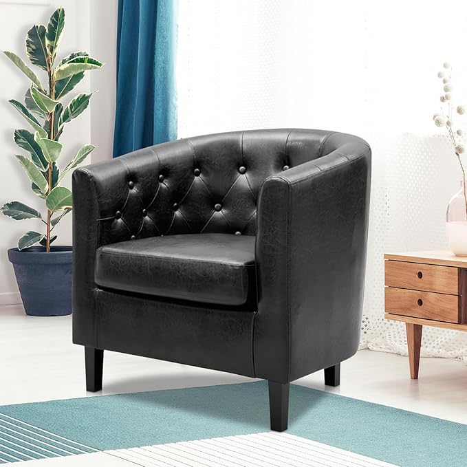 Naomi Home Emma Faux Leather Barrel Accent Chair – Modern Tufted Faux Leather Armchair with Wooden Legs Wide Seat Enhanced Back Support for Living Room Décor