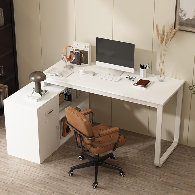 ECACAD Shape Adjustable Computer Desk with Storage Cabinet L Shaped Corner Home Office Desk Study Writing Table with Drawer Door &amp Adjustable Shelves White