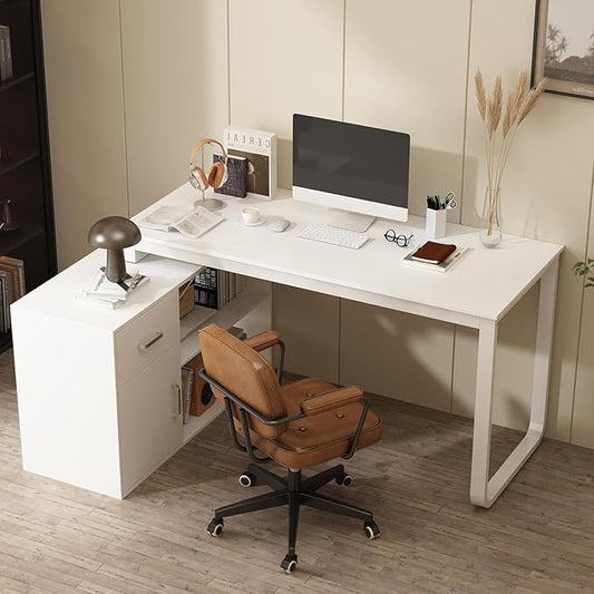 ECACAD Shape Adjustable Computer Desk with Storage Cabinet L Shaped Corner Home Office Desk Study Writing Table with Drawer Door &amp Adjustable Shelves White