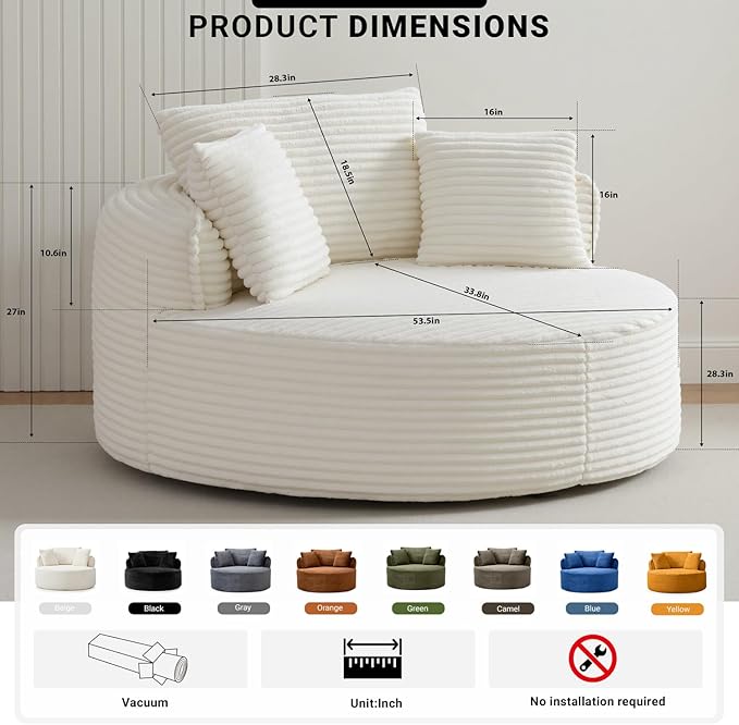 Oversized Round Lounge Chair Indoor Corduroy Upholstered Deep Seat Cloud Circle Sofa Chair Fluffy Boneless Sleeper Chair for Reading &amp Lounging No Assembly Required (Beige)