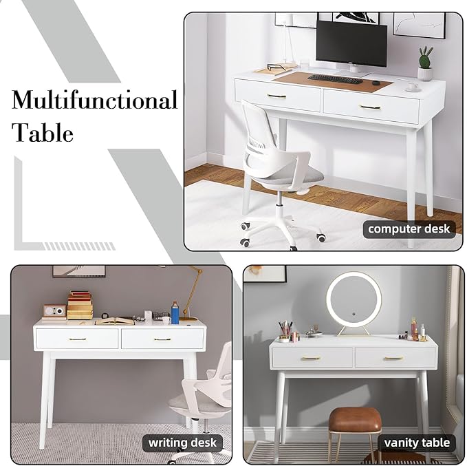 Small White Desk with 2 Drawers Modern Writing Desk for Small Spaces Home Office Desk for Study Laptop Computer Desk for Work Makeup Vanity Table for Bedroom (White)
