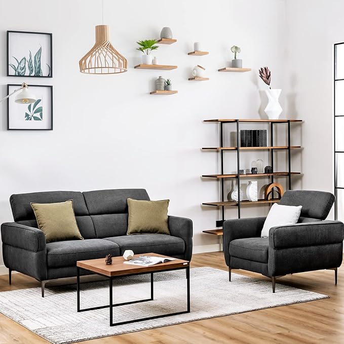 Giantex Sofa Couch and Accent Chairs Set Adjustable Headrest Comfortable Upholstery Cushion Easy Assembly 2-Seat Loveseat and Single Sofa for Living Room Reception Room Apartment Gray