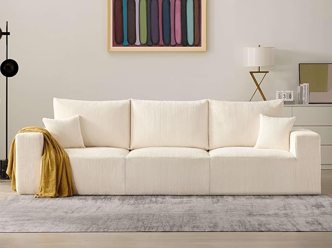 Modern Sleeper Sofa Couches for Living Room-113 Beige 3 Seater Boneless Cloud Couch-No Assembly Required Modular Corduroy Convertible Full Sponge Compression Sofas for House Apartment