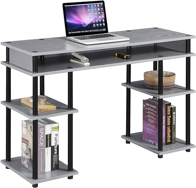 Convenience Concepts Designs2Go No Tools Desk Home Office Desk with Shelves Corner Shelf Vanity Desk Computer Desk Nail Table for Nail Tech - 47.25 L x 15.75 W x 30 H Gray/Black