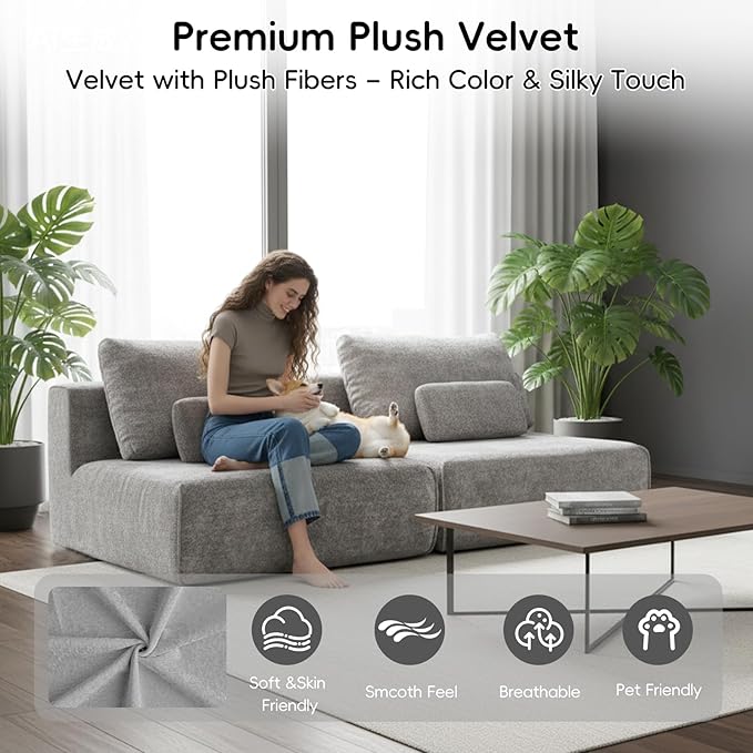 Modular Sectional Sofa 2-Piece Grey Plush Velvet Loveseat Couch No-Assembly Compressed Deep-Seat 2-Seat for Small Spaces Living Rooms Apartments