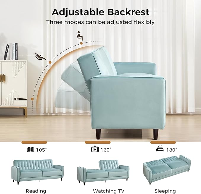 CANMOV Convertible Sofa Bed82″Fabric Futon Couch with Adjustable Backrest3 in 1 Convertible Comfy Loveseat Recliner Sleeper Sofa Bed for Living RoomBlue