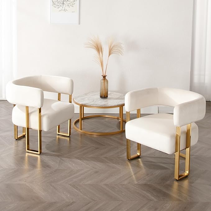 Cream Velvet Barrel Chair Gold Leg Accent Chair for Bedroom Upholstered Accent Seat for Living Room Bedroom Dressing Vanity Area
