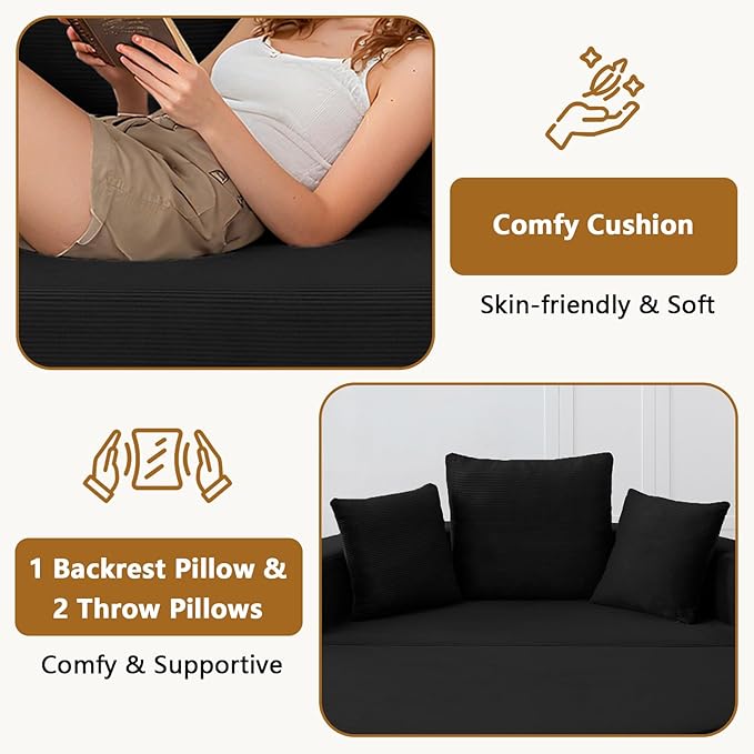 67” Foldable Couch Bed Corduroy Round Floor Couch with 3 Comfy Pillows 2 in 1 Convertible Sofa Bed for Living Room Apartment 380 LBS Capacity No Assembly (Black)