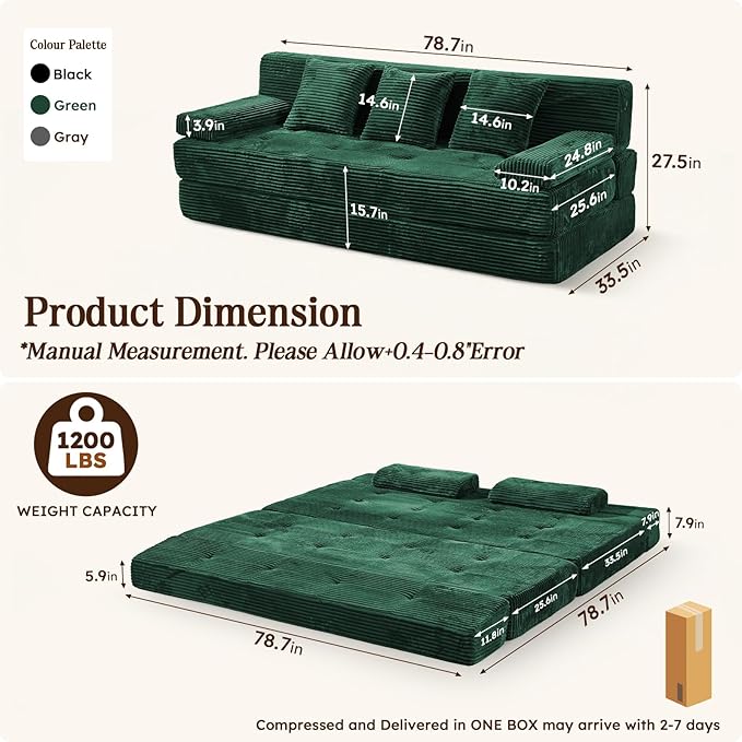 78.7IN Folding Sofa Bed - Convertible Sleeper Sofa Couch with Removable Pillows 3 Seater Couches Bed for Living Room Bedroom Apartment No Assembly Required Freestanding Corduroy Green