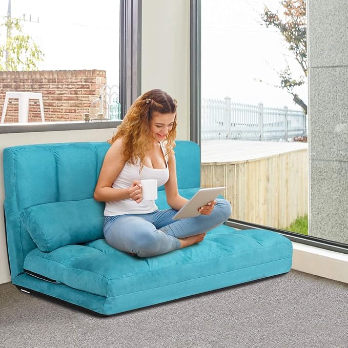 S AFSTAR Safstar Floor Folding Couch and Futon Sofa 6-Position Fabric Sleeper Sofa Bed with 2 Pillows and Sponge Filling Adjustable Lazy Sofa for Living Room and Bedroom (Blue)