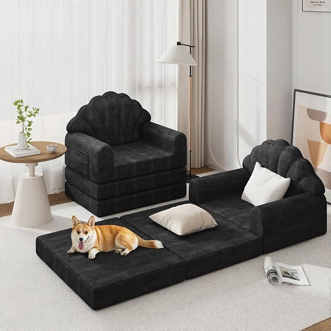 2-in-1 Folding Sofa Bed with Back Support 75 D x 34 W Convertible Futon Sleeper Chair for Adult Fold Out Bean Bag Floor Foam Lounger Couch for Living Room Bedroom Small Space Black