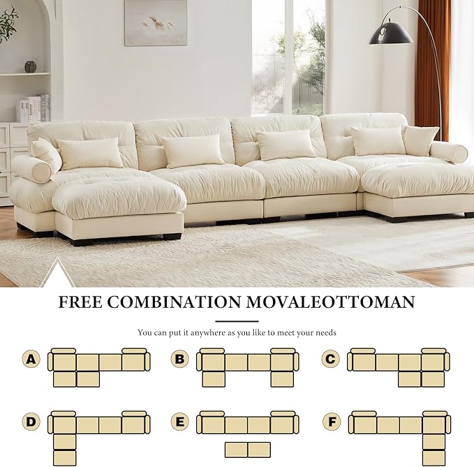 166 Oversized Couch 4 Seater Modular Sectional Sofa Beige White Large U Shaped Sectional Couches Fluffy Couch Set 4 Seater Velvet Cloud Couches with Ottoman Sofas for Living Room