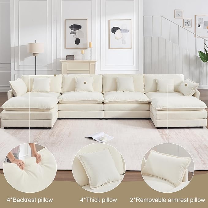 KIVENJAJA Oversized U-Shaped Cloud Modular Sectional Sofa Modern Chenille 4-Seater Deep Seat Couch with 2 Ottomans/Chaises &amp 6 Pillows for Living Room Office 146.5”W Beige