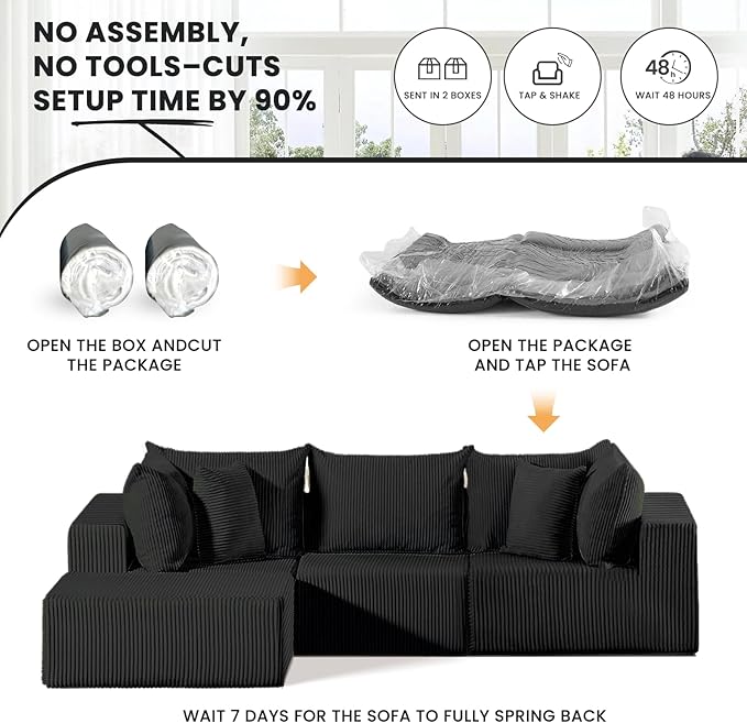 104 Cloud Couch Sectional L Shaped Boneless Couches for Living Room Corduroy Modern Modular Sectional Sofa No Assembly Required (Black L-Shaped)